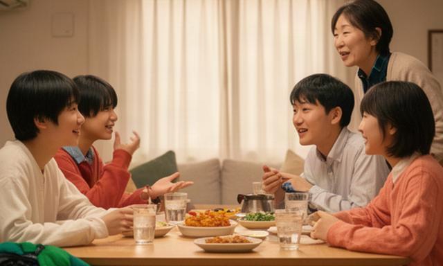 日本と韓国の高校生が家庭の食卓で会話をするホームステイ交流