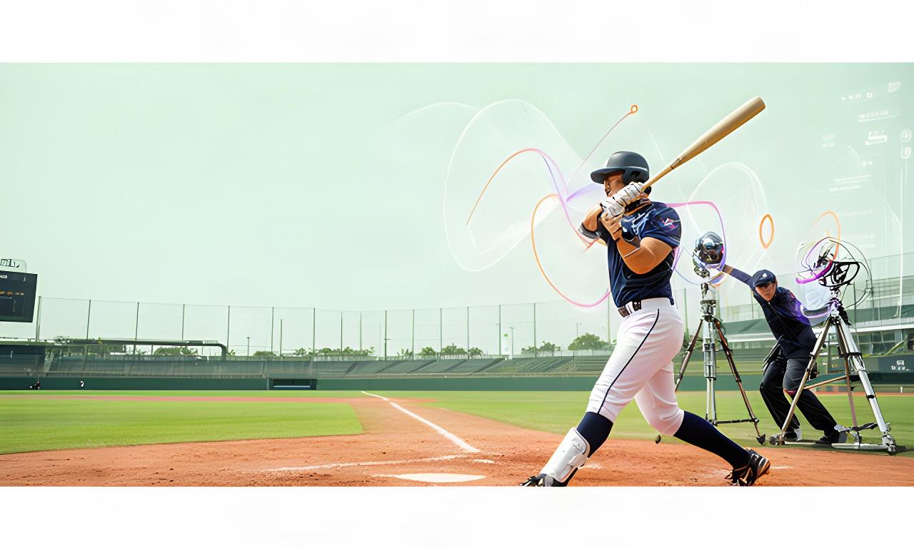 千葉の野球場で打撃フォームを計測する社会人選手と背後のデータグラフ