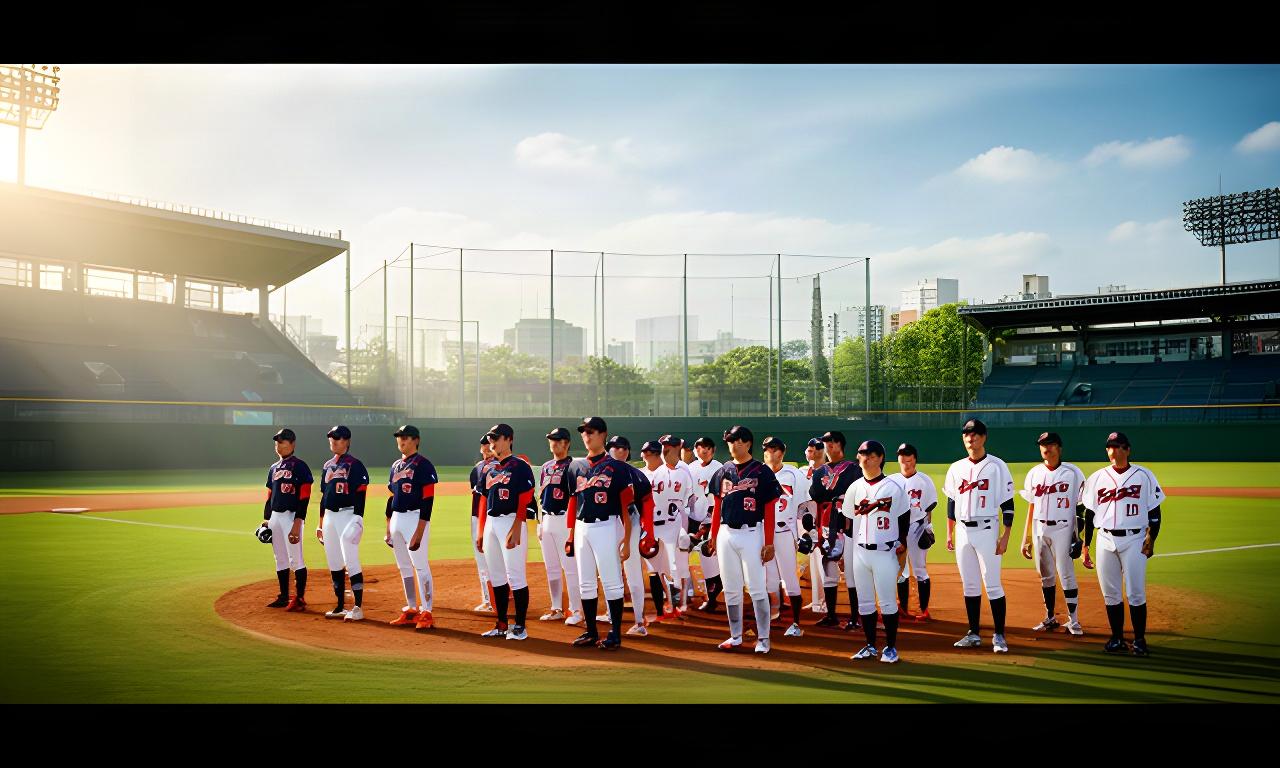 千葉の野球場で日韓の選手が試合前に整列する国際交流大会の風景