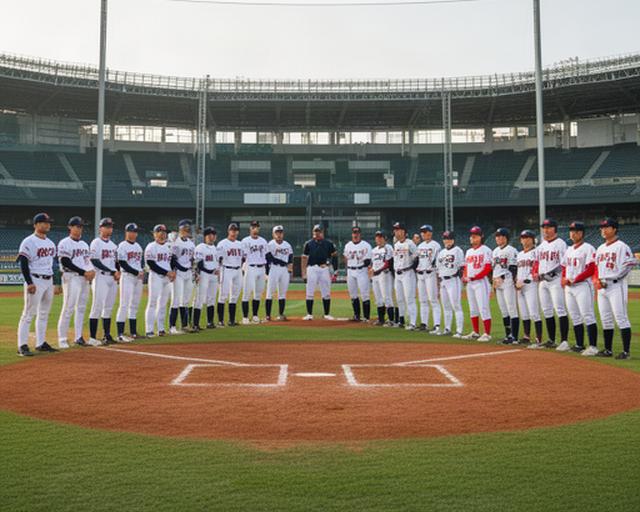 千葉県内の野球場で日韓の選手が試合前に整列する国際交流の風景
