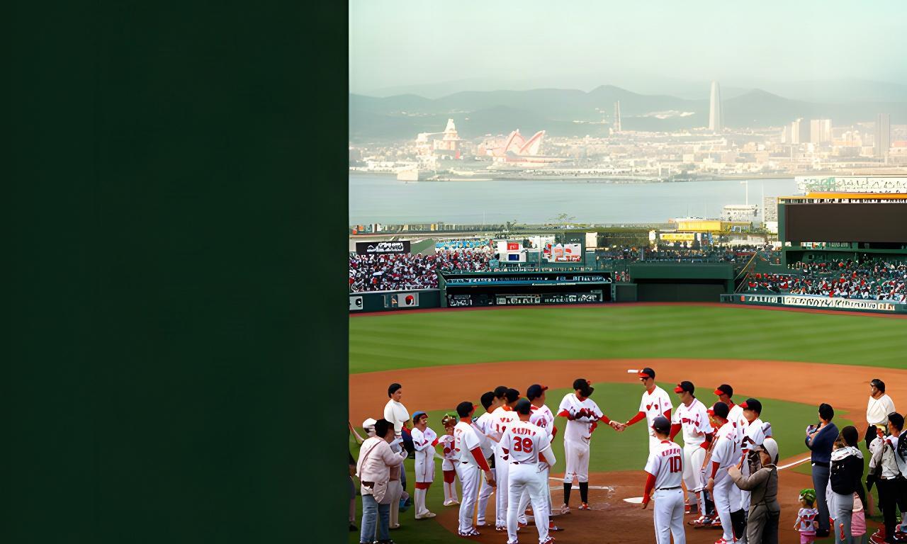 千葉の野球場で日韓チームが交流し、客席の奥に観光地の風景が広がる国際スポーツツーリズム