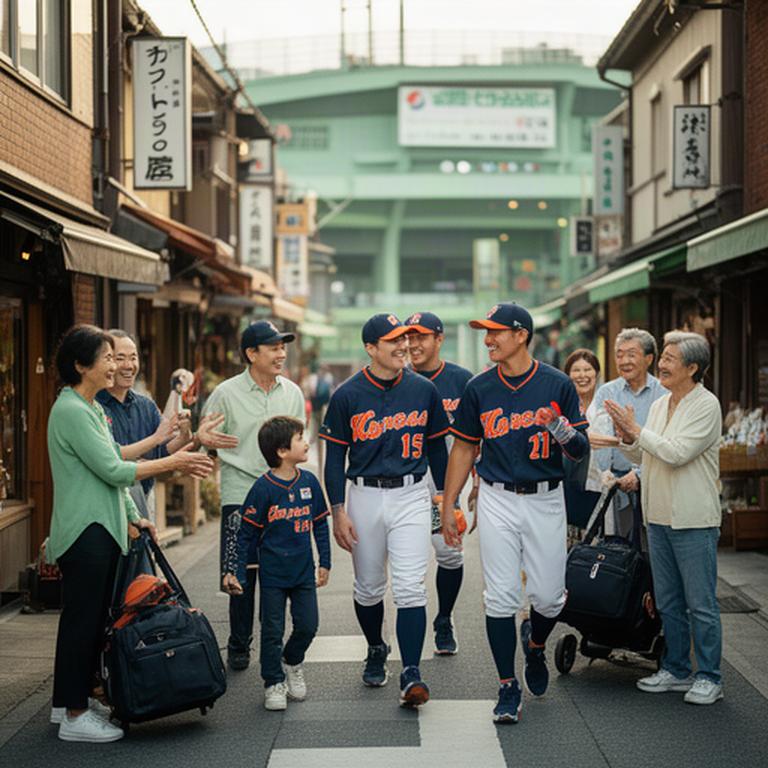 千葉の球場周辺を歩く韓国野球チームと家族、地域商店街の歓迎風景